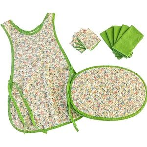 Vintage Floral Table Linens Set Apron Placemats Napkins Green Polka Dot Retro
